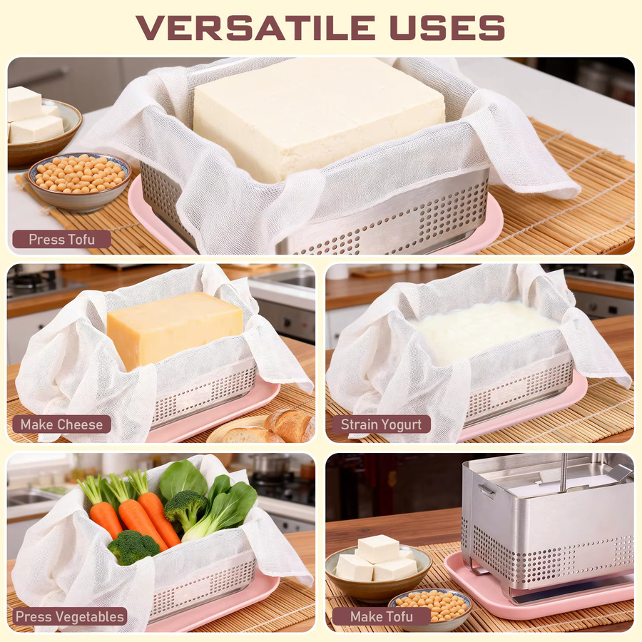 Willstar Tofu-Presse aus Edelstahl in Silber mit Tofu-Nähhandtuch und Abtropfschale für Paneer und Käse - Bild 4
