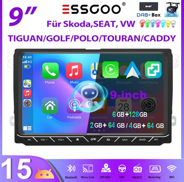 ESSGOO Android 15 Autoradio mit 9 Zoll Display, GPS, WiFi und Bluetooth in Schwarz für VW Tiguan, Caddy, EOS, Jetta, T5, Passat B6 B7, Polo 6R, Golf 5 6 und Touran mit Wireless CarPlay und Android Auto - Bild 1