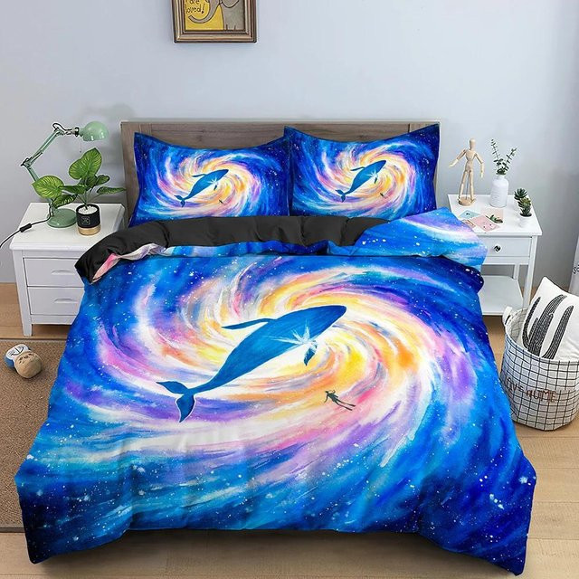 Delfin 3D-Bettwäsche-Set aus Polyester in Blau für Erwachsene, bestehend aus Bettbezug und Kissenbezügen, Breite: 135 cm, Länge: 200 cm - Bild 1