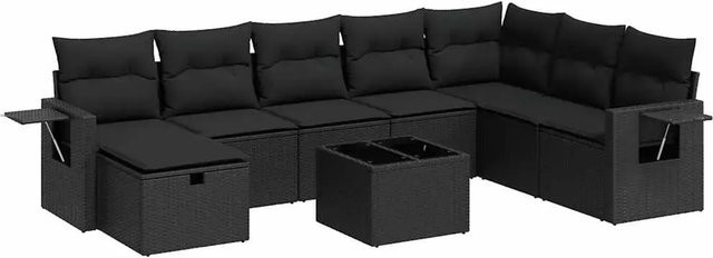 vidaXL 9-tlg Garten-Sofagarnitur in L-Form aus schwarzem Poly-Rattan mit Kissen und pulverbeschichtetem Stahlgestell - Bild 1