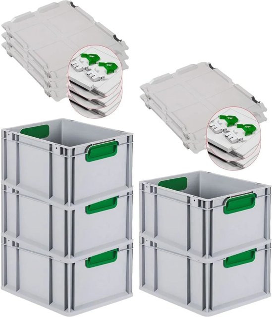 PROREGAL Spar Set 5x Eurobox Nextgen Color mit Scharnierdeckel und Schiebeschnappverschlüssen in Grün, H x B x T: 22 x 30 x 40 cm - Bild 1
