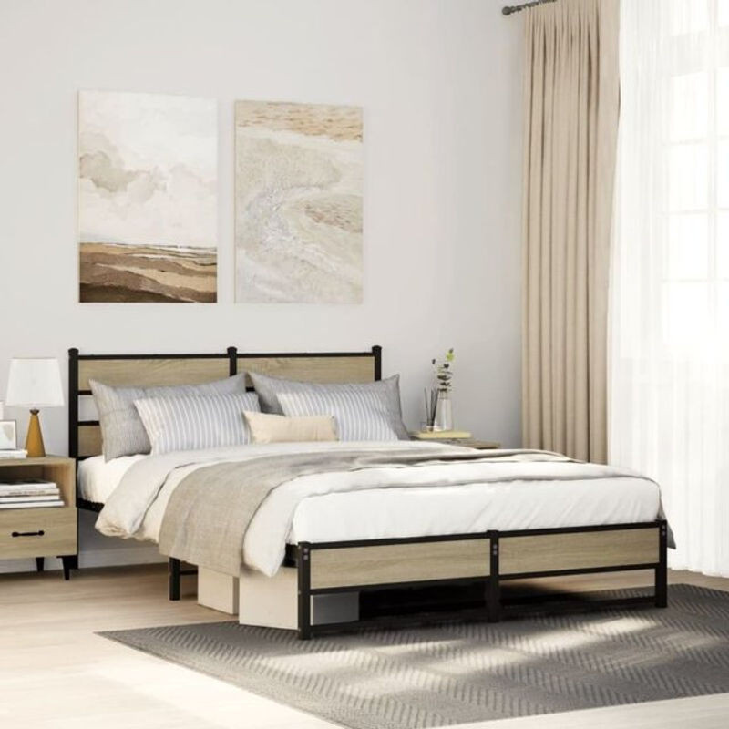Metallbett Vidaxl in Sonoma-Eiche Natur, Design im Industrial-Stil, B/T/H: 135 x 190 x 91,5 cm - Bild 1