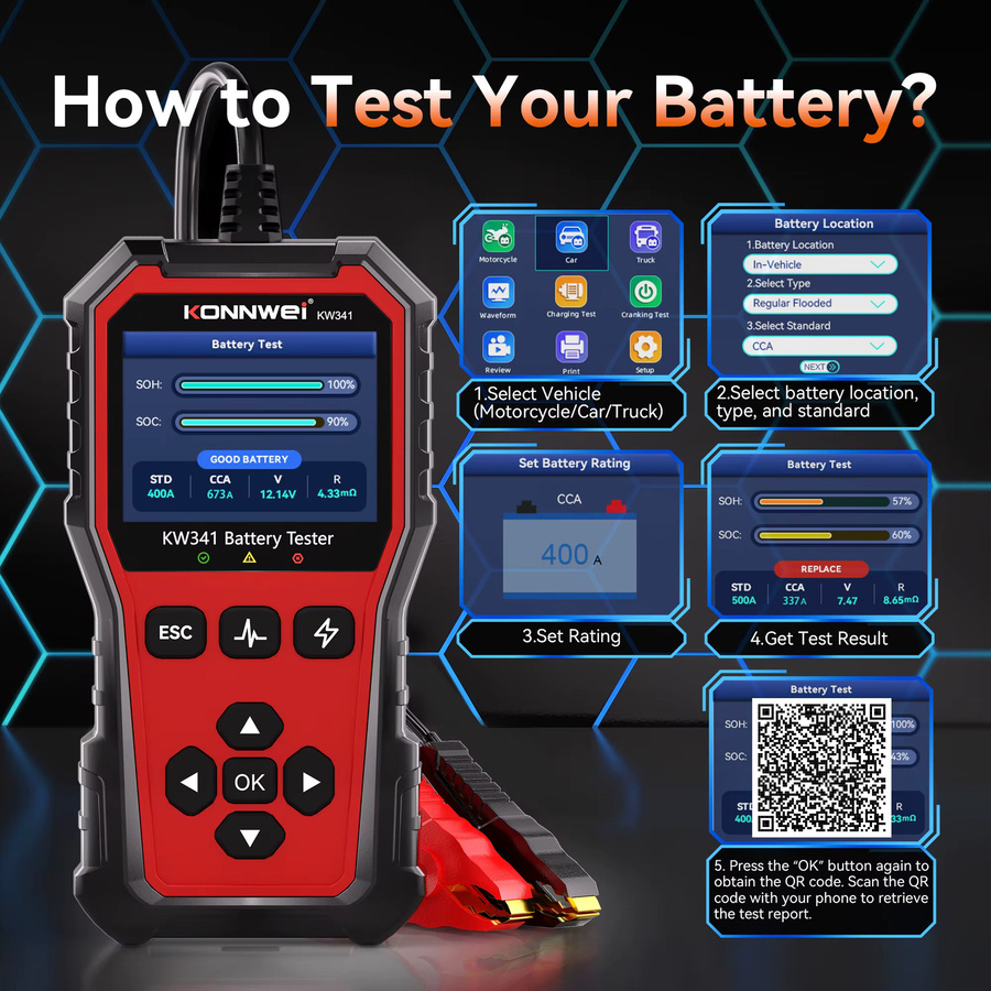 KONNWEI KW341 Batterietester für Auto, Motorrad und LKW mit Fehlerdatendruck und Startspannungstest für 6V, 12V und 24V - Bild 2