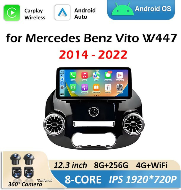 KJ-NAVI Android Multimedia Radio Player mit 12,3 Zoll Display für Mercedes Benz Vito W447 (2014–2022), Wireless Carplay und Wi-Fi, Schwarz - Bild 1