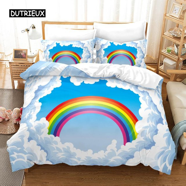 Regenbogen Bettwäsche Set für Baby und Kinder von Binchi Outdoor Product in Multicolour mit Bettdeckenbezug und Kissenbezügen aus Mikrofaser mit Reißverschluss B/H: 150 x 210 cm und 135 x 200 cm - Bild 1