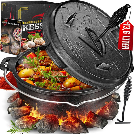 KESSER Dutch Oven Set BBQ Feuertopf aus Gusseisen mit Deckelheber und Schlitz für Thermometer für Outdoor und Indoor
