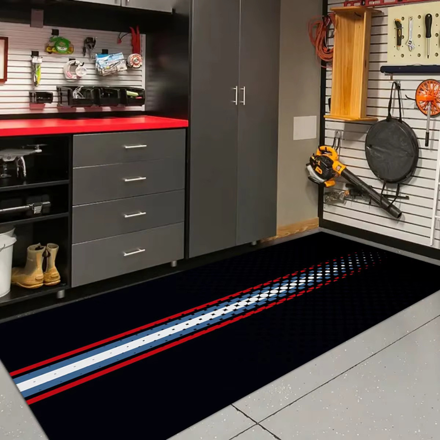 VIKAMA Motorradmatte mit dreifarbigen Streifen im Retro-Rennstil, rutschfeste und saugfähige Garagenbodenmatte in Multicolour - Bild 2