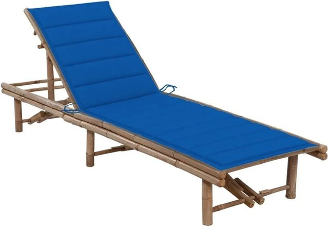 Furnicato Garten-Sonnenliege aus Bambus mit blauer Auflage und verstellbarer Kopfstütze, B/T/H: 200 x 65 x 30-87 cm - Bild 1
