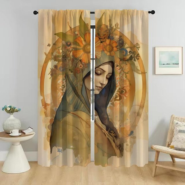 Elegante Jungfrau Maria Schatten Raumvorhänge für Halloween Dekoration, 2er Set, Beige, Breite: 50 cm, Höhe: 70 cm - Bild 1