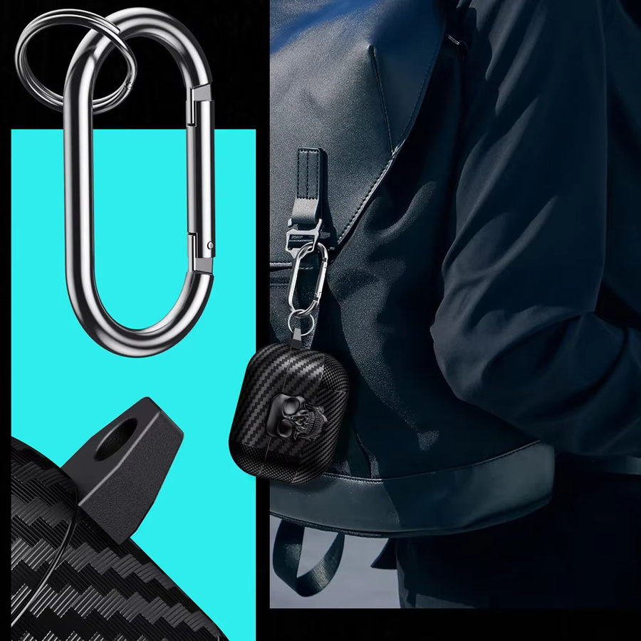 Kopfhörerhülle mit Totenkopf-Design und Kohlefaser-Textur für Apple AirPods Pro 2 3 4, inklusive Karabiner und drehbarem Schloss, Schwarz - Bild 4