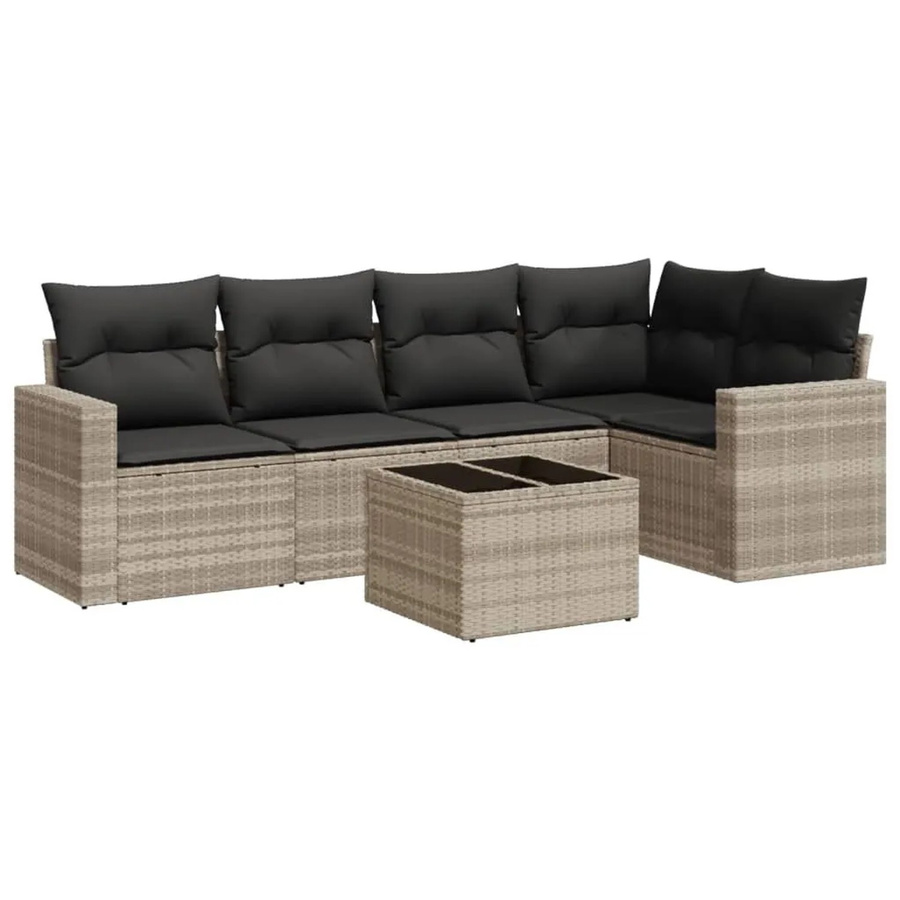 vidaXL 6-teilige Garten-Sofagarnitur in L-Form mit Kissen und Couchtisch, Hellgrau, Poly-Rattan und Metallrahmen - Bild 2