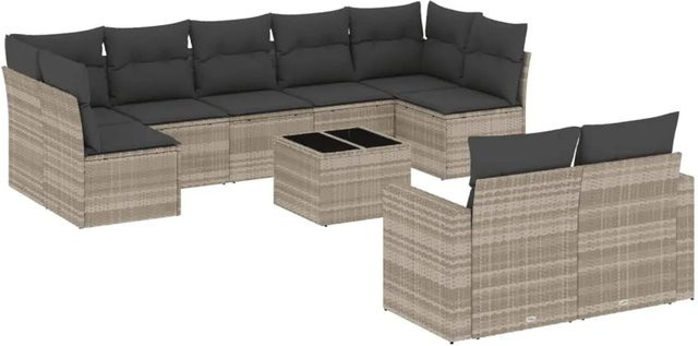 vidaXL 10-tlg. Garten-Sofagarnitur in U-Form aus Polyrattan mit Kissen in Hellgrau - Bild 1