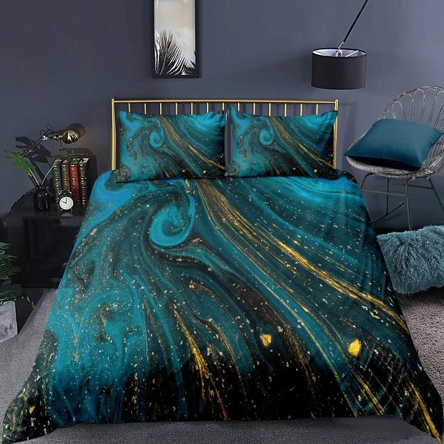 Bettwäsche Set mit 3D Digitaldruck in Schwarz und Blau im Marmor-Design, Bettbezug und Kissenbezug aus Mikrofaser, B/H: 135 x 200 cm - Bild 1