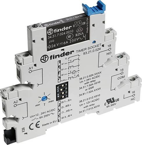 Finder Zeitrelais 38.21.0.024.0060, 24V DC/AC, Zeitbereich: 0,1 - 21600s, 1 Wechsler, Grau, Hutschiene - Bild 1