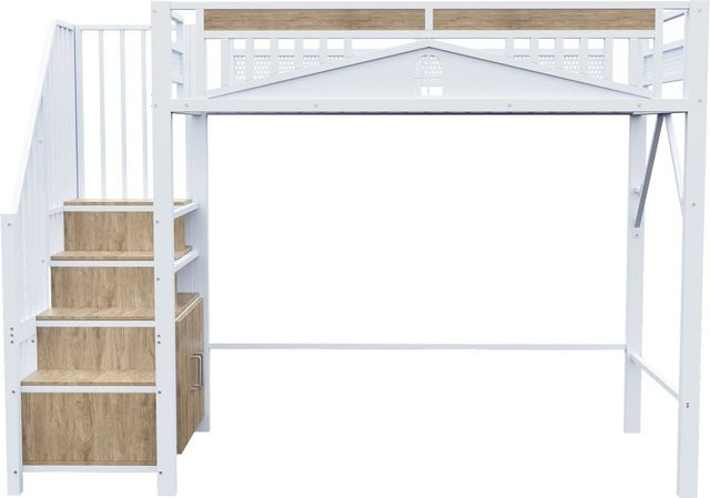 KOMHTOM Metall-Hochbett für Kinder in Weiß mit Sicherheitsgehäuse, Fenster, Treppe und Spind, B/T/H: 90 x 200 x 170 cm - Bild 1