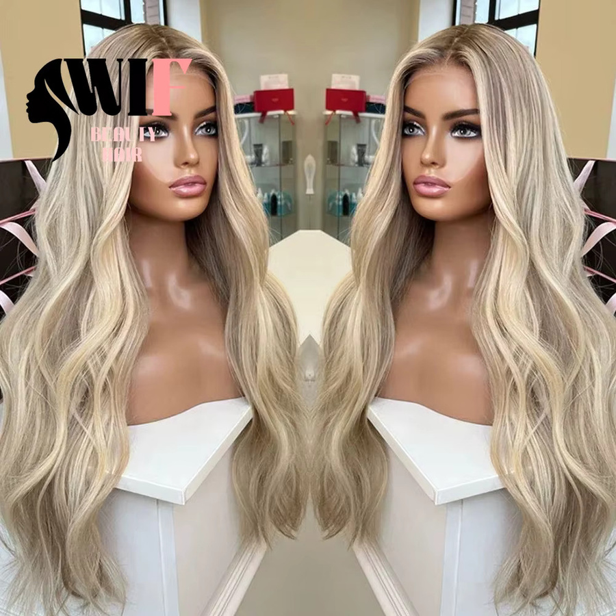 WIF Synthetische Spitzeperücke, Wellige Ombre Blonde, Langer Haaransatz - Bild 2