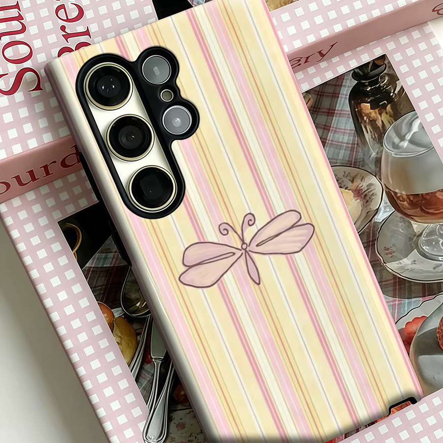 Stoßfeste Doppelschicht Handyhülle mit Libellen-Design in Rosa-Gelb für Samsung Galaxy S25 Ultra, S24 und S23 Ultra Plus - Bild 3
