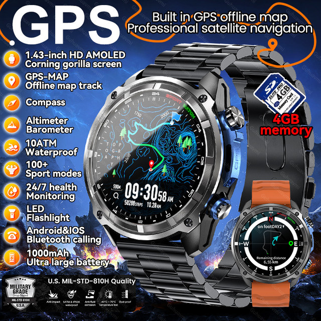 KAVSUMI Smartwatch für Männer mit integriertem GPS, Offline-Karten, 4GB Speicher, HD Corning Gorilla Glas und Bluetooth-Anruffunktion, wasserdicht bis 10ATM, Schwarz - Bild 1