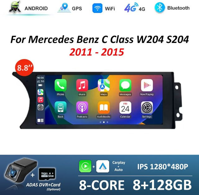 KJ-NAVI Android 16 Auto-GPS-Navigationssystem für Mercedes Benz C-Klasse W204 S204 (2011 - 2015), 8,8 Zoll Multimedia-Stereoanlage mit WIFI, Carplay, Bluetooth und Google Auto in Schwarz - Bild 1
