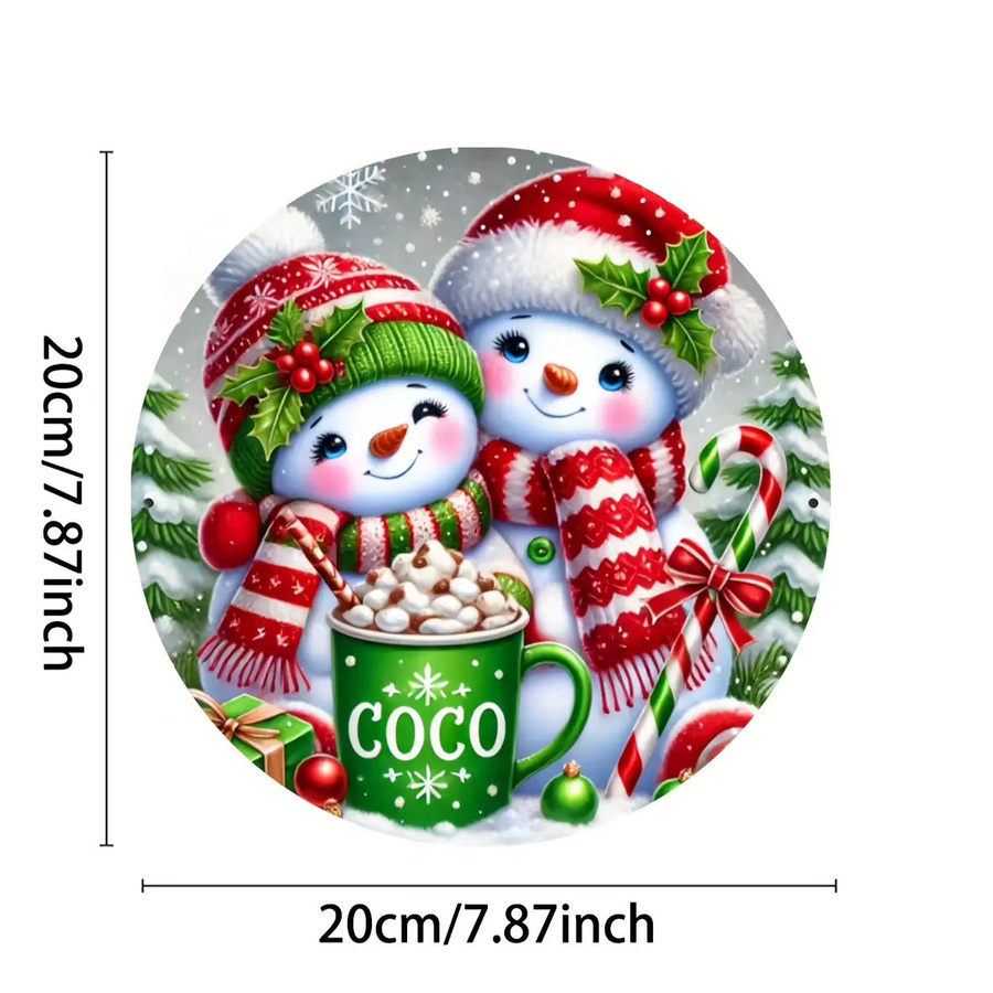Potdemiel Metallwandkunst 2D FlatSnowman und Hot Cocoa – Rundes Blechschild für die Weihnachtsdekoration, Mehrfarbig, Durchmesser: 20 cm - Bild 2