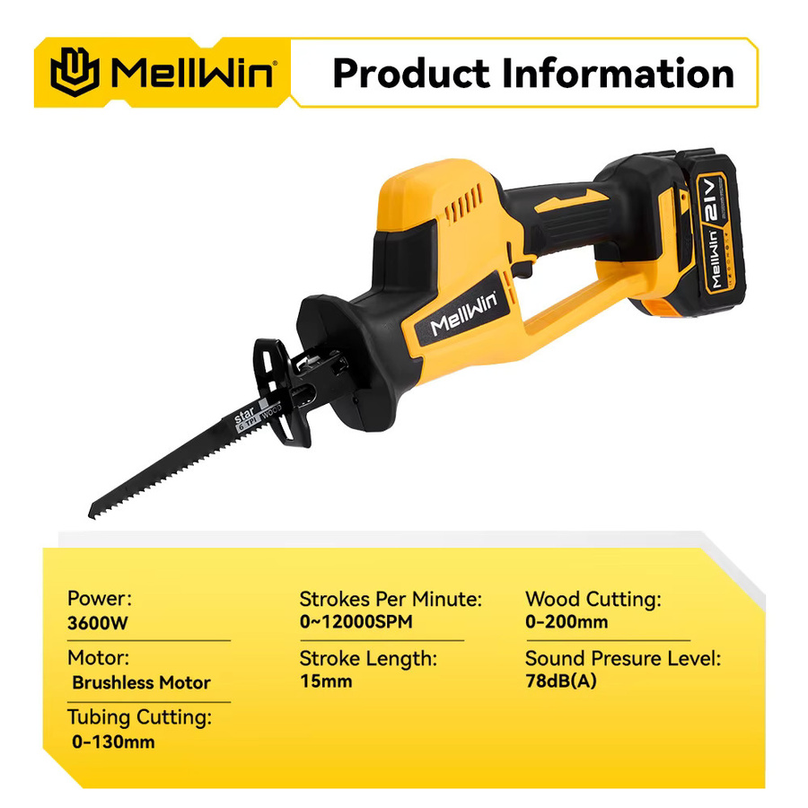 MELLWIN Bürstenlose elektrische Säbelsäge 3600W mit 4 Multiklingen für Makita 18V Akku, tragbare Schneidesäge für Holz und Metall in Gelb - Bild 2