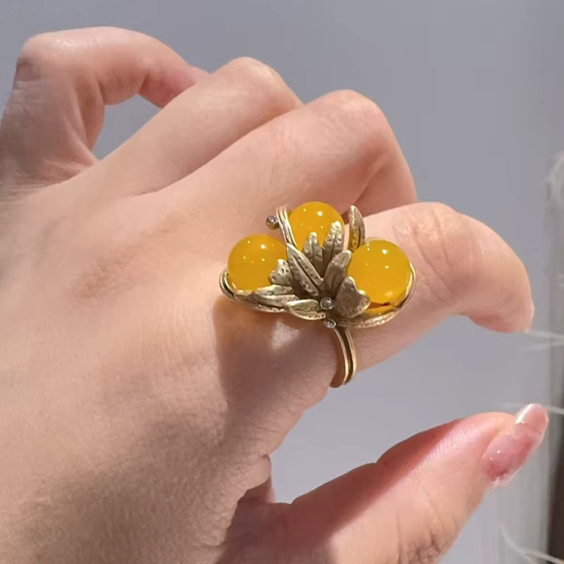 STALAIT Ring, Gelbe Kugel, Blatt, Stein, Damen - Bild 3