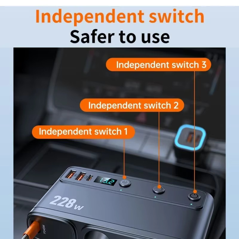 Kebidumei 228W Auto-Ladegerät in Schwarz mit 3 Zigarettenanzünder-Buchsen, 3 QC3.0 USB-Anschlüssen und 65 cm ausziehbarem PD Typ-C Schnellladegerät - Bild 3