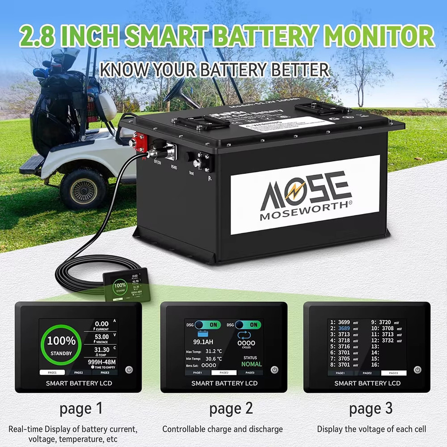 MOSEWORTH 48V 105Ah Lithium-Golfwagen-Batterie mit integriertem 200A BMS, Touch-Monitor, Ladegerät und App-Unterstützung in Schwarz - Bild 4