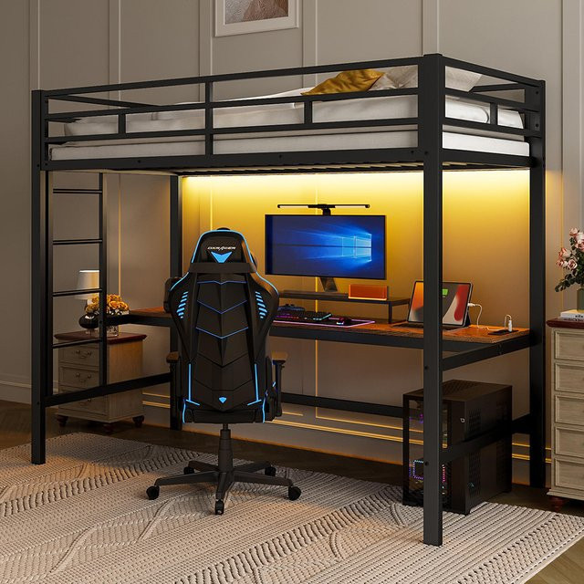 KOMHTOM Hochbett aus Metall in Schwarz mit LED-Lichtleiste, Schreibtisch, Geländer, Trittleiter und USB-Ladestation, B/T/H: 90 x 200 cm - Bild 1