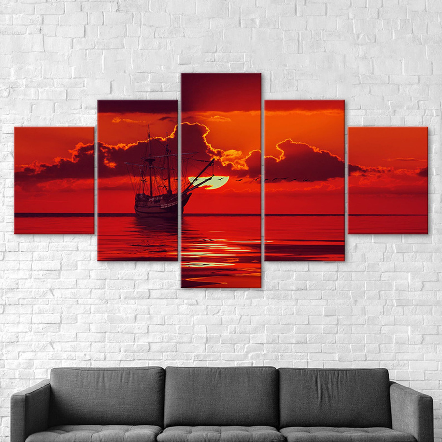 5-teiliges Leinwandbild von Niveous Art Museum mit Boot und Sonnenuntergang in rotem Himmel als moderne Landschaftskunst für dein Heimdekor - Bild 4