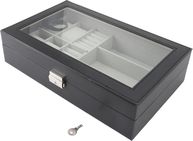 Neoglint Uhrenaufbewahrungsbox in Schwarz mit 4 Fächern, Glasdeckel und Ringablage, wasser- und staubdicht - Bild 1