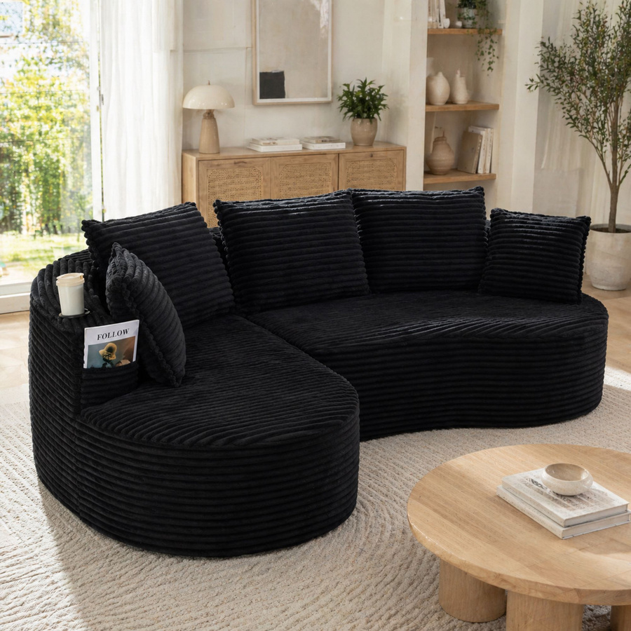 GOMYWAY Home Ecksofa aus Cord in Schwarz mit Getränkehaltern, Seitentaschen und Kissen, B/T/H: 250 x 152 x 82 cm - Bild 2
