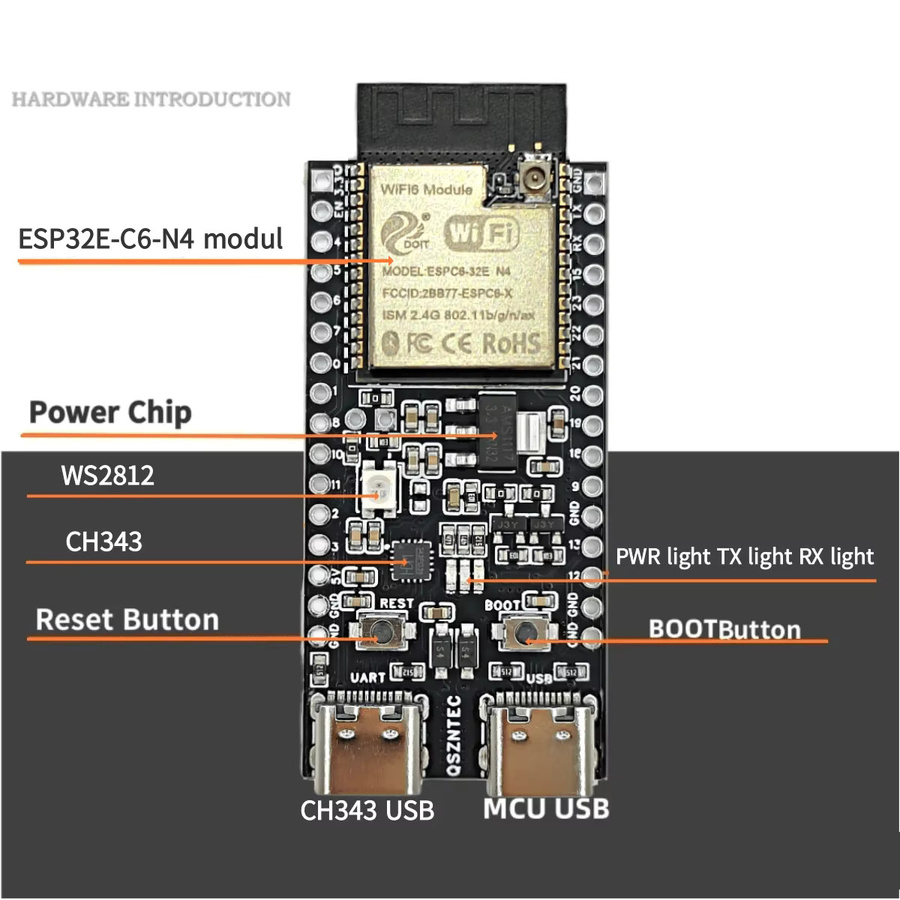 QSZNTEC ESP32-C6 N4 Entwicklungsboard mit Wi-Fi 6, BLE und Zigbee, USB-C Anschluss, Schwarz - Bild 2