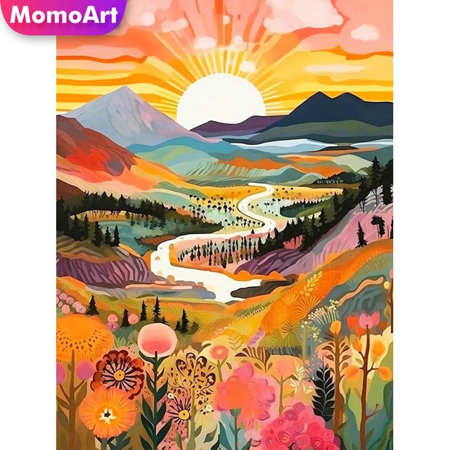 Momoart Diamant-Stickerei DIY Mosaik Set mit Cartoon-Bergmotiv und floralen Elementen, Mehrfarbig, B/H: 30 x 20 cm - Bild 1