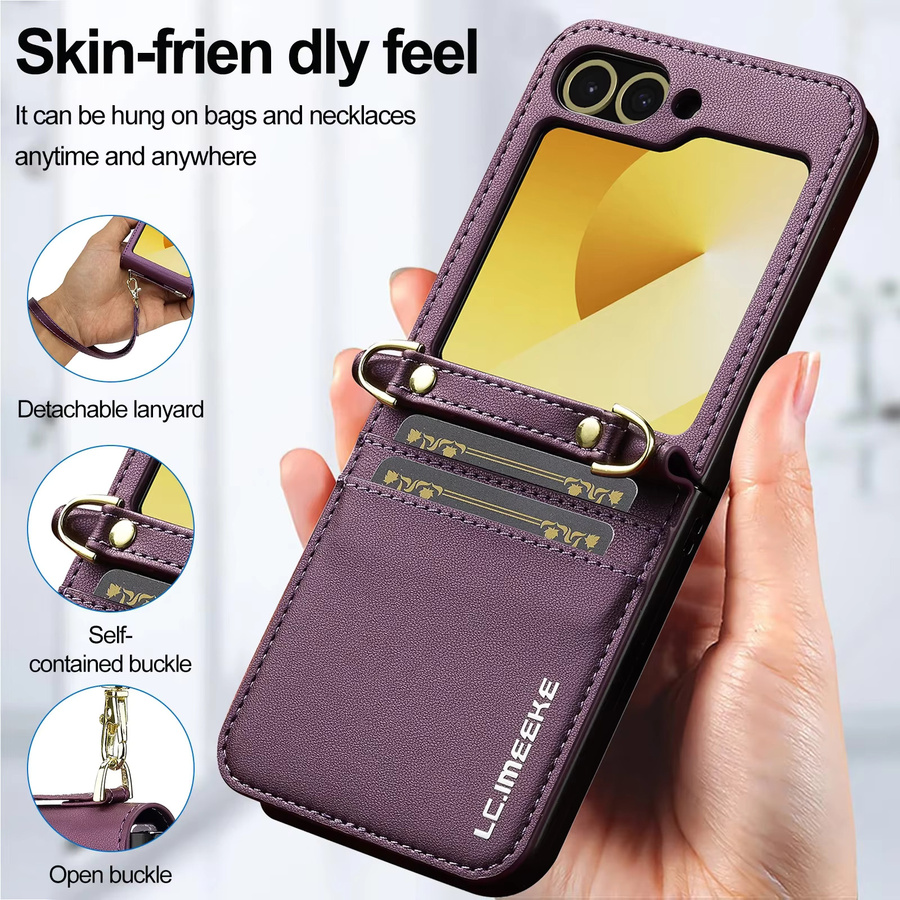 Leder Crossbody-Kartenetui für Samsung Galaxy Z Flip 8 7 FE 6 5 4 3 5G mit Handschlaufe und Lanyard-Tasche in Braun und Lila - Bild 3