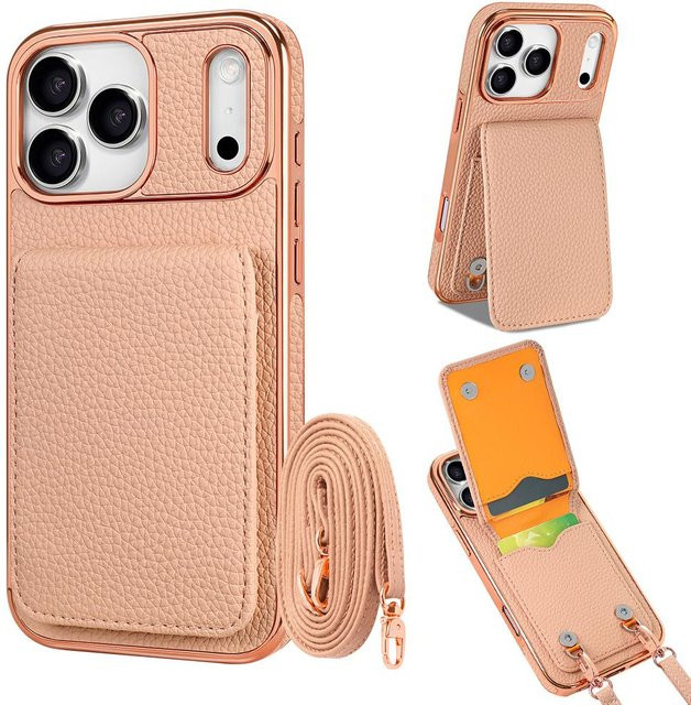 HQBBRO Crossbody Tasche mit Litschi-Muster und Kartenhalter als Handyhülle mit Lanyard für iPhone, Farbe: Rosa - Bild 1