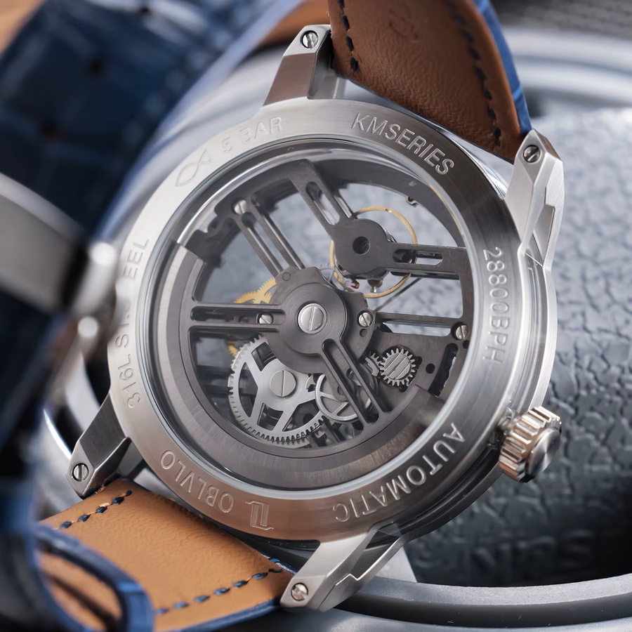 OBLVLO Armbanduhr Automatik, Edelstahl, Blau, Leder, Herren - Bild 5