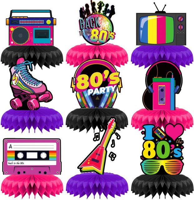 OURFETE Retro-Party-Tischdekoration im 80er-Jahre-Design mit Boombox, Rollschuh und Kassetten, Mehrfarbig, aus Papier - Bild 1