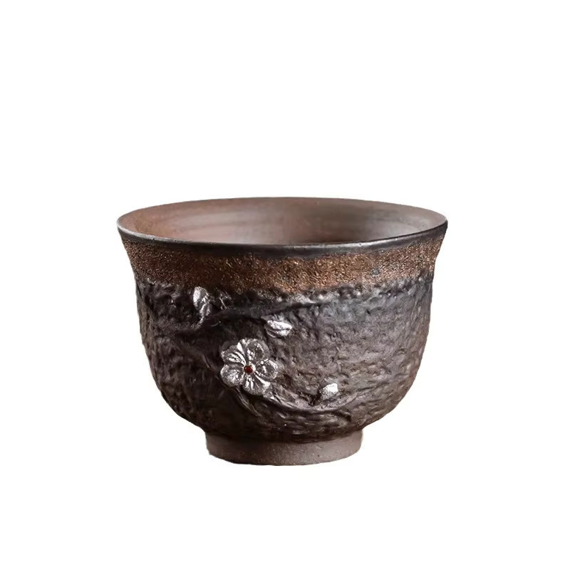 Liu Yin Handgefertigte Grobkeramik-Teetasse aus Keramik, unglasierte vergoldete Meistertasse mit floralem Design in Gold und Braun - Bild 3