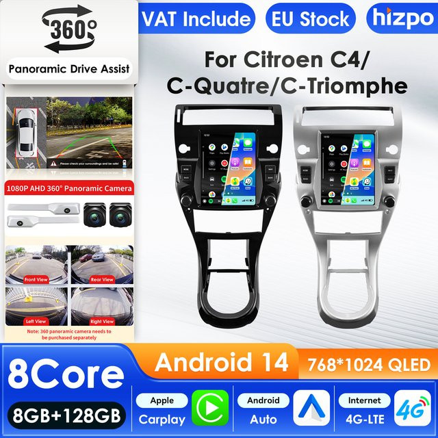 Hizpo Android 14 Auto-Multimedia-Player mit 9,7 Zoll Display für Citroen C4 C-Triomphe Quatre 2004-2014 inklusive GPS, Carplay, 4G, AI, Bluetooth und WIFI in Schwarz und Silber - Bild 1