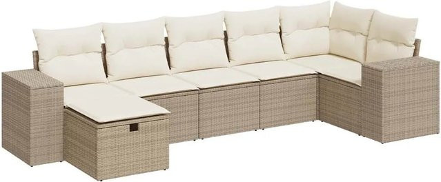 vidaXL 7-teilige Garten-Sofagarnitur aus Poly-Rattan mit Kissen in Beige-Creme - Bild 1