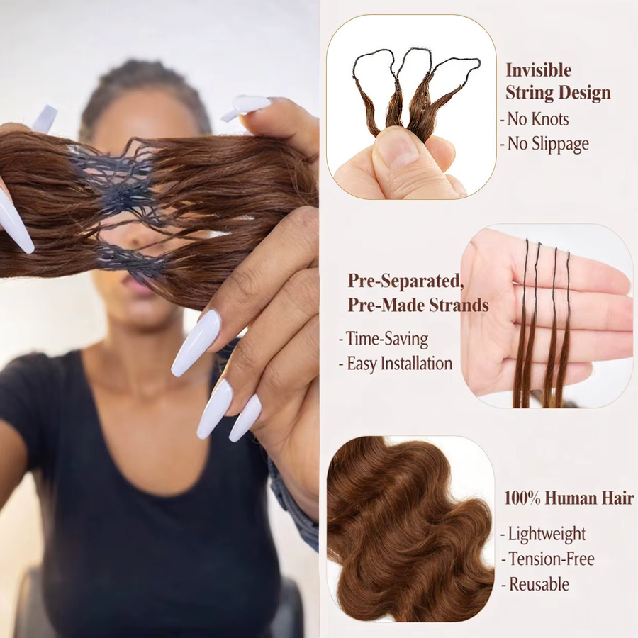 QAANA Haarextension Body Wave Feather Crochet, 12A Rohhaar, Dunkelbraun - Bild 5
