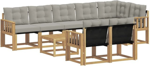 vidaXL Outdoor-Sofagarnitur 9-teilig aus Akazienholz mit Textilene-Bezug und Kissen in Weiß-Hellgrau - Bild 1