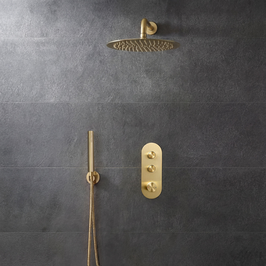 Idro Unterputz-Thermostat mit Drucktasten für 2 Verbraucher inklusive Wandduschkopf und Handbrauseset in satiniertem Gold - Bild 1