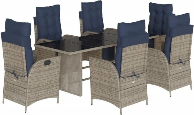 vidaXL 7-teilige Garten-Essgruppe aus grauem Poly-Rattan mit blauen Kissen und Hartglas-Tischplatte - Bild 1