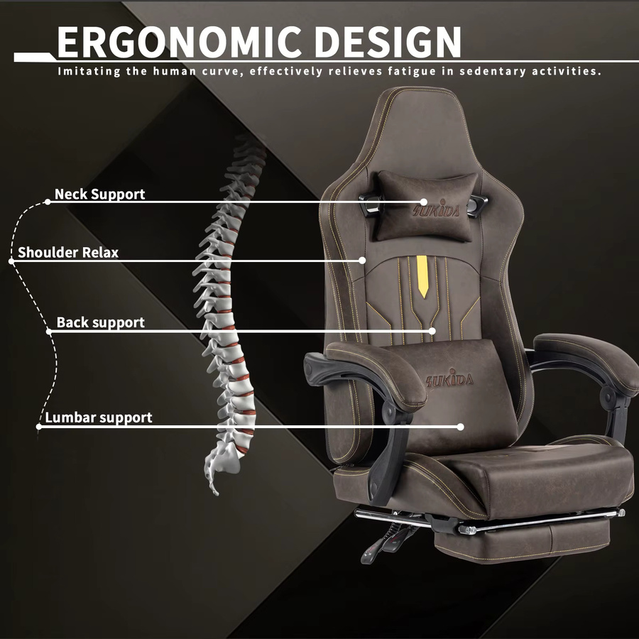 SUKIDA Ergonomischer Gaming-Stuhl mit Fußstütze und Lendenwirbelstütze, höhenverstellbarer Computer-Bürostuhl aus Kunstleder mit Armlehnen, Farben: Schwarz oder Braun - Bild 4