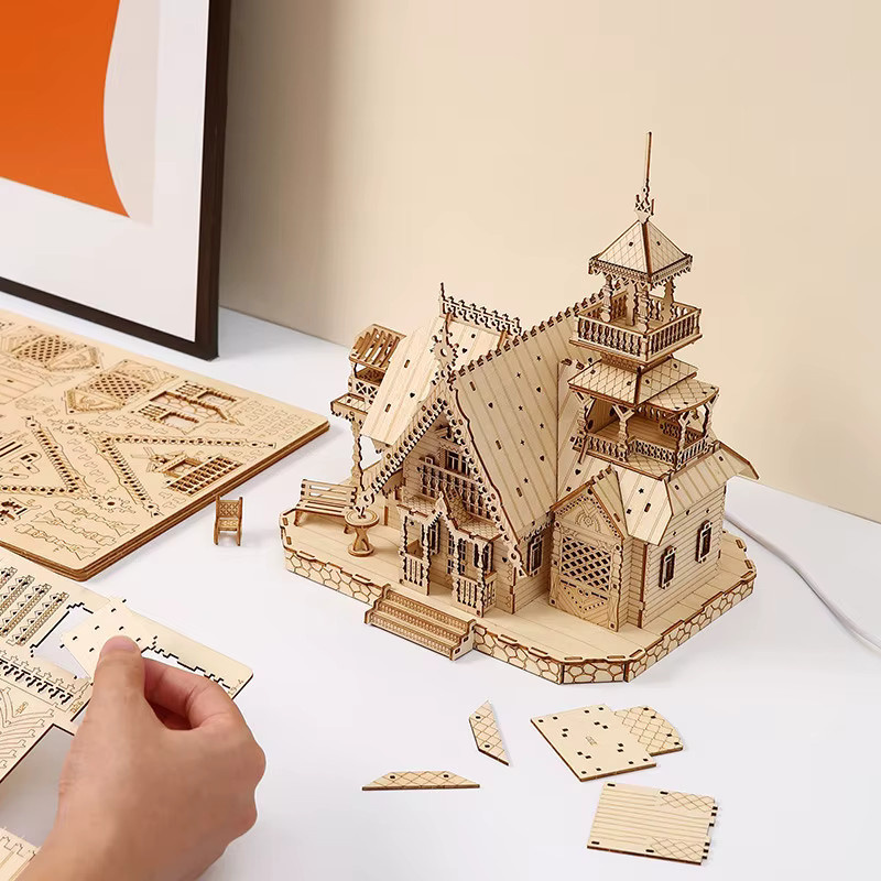 3D Stereo Holz Licht Villa Schloss Puzzle, Holz, Fantasy - Bild 2