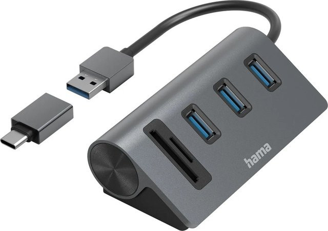 Hama USB-Hub und Kartenleser mit 5 Ports, 3x USB-A, SD und microSD inklusive USB-C-Adapter, Anthrazit/Schwarz - Bild 1