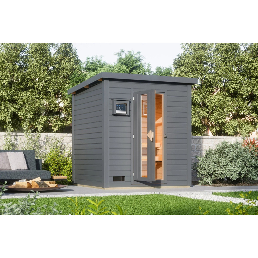 Karibu Saunahaus Arvi Set aus Fichte in Terragrau mit 9 kW Ofen und externer Steuerung - Bild 2
