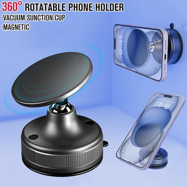 Magnetische Vakuum-Saugnapf-Autotelefonhalterung mit 360 Grad Rotation in Schwarz für iPhone 16 15 14 und andere Smartphones - Bild 1